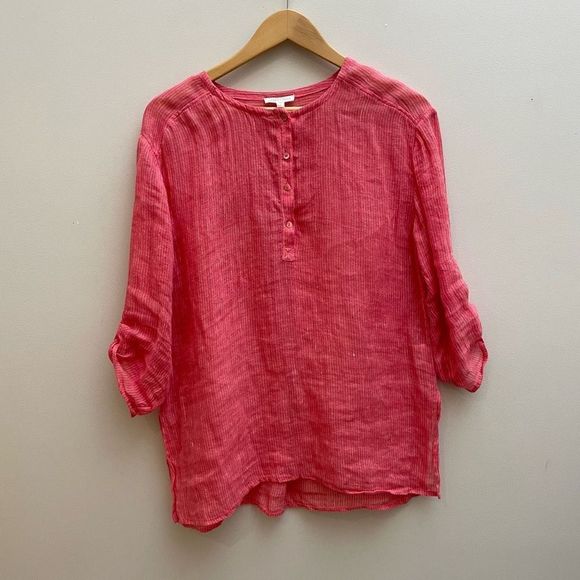 Eileen Fisher Tops - Eileen Fisher Linen Popover Top Womens Size Small Coral Pink Striped